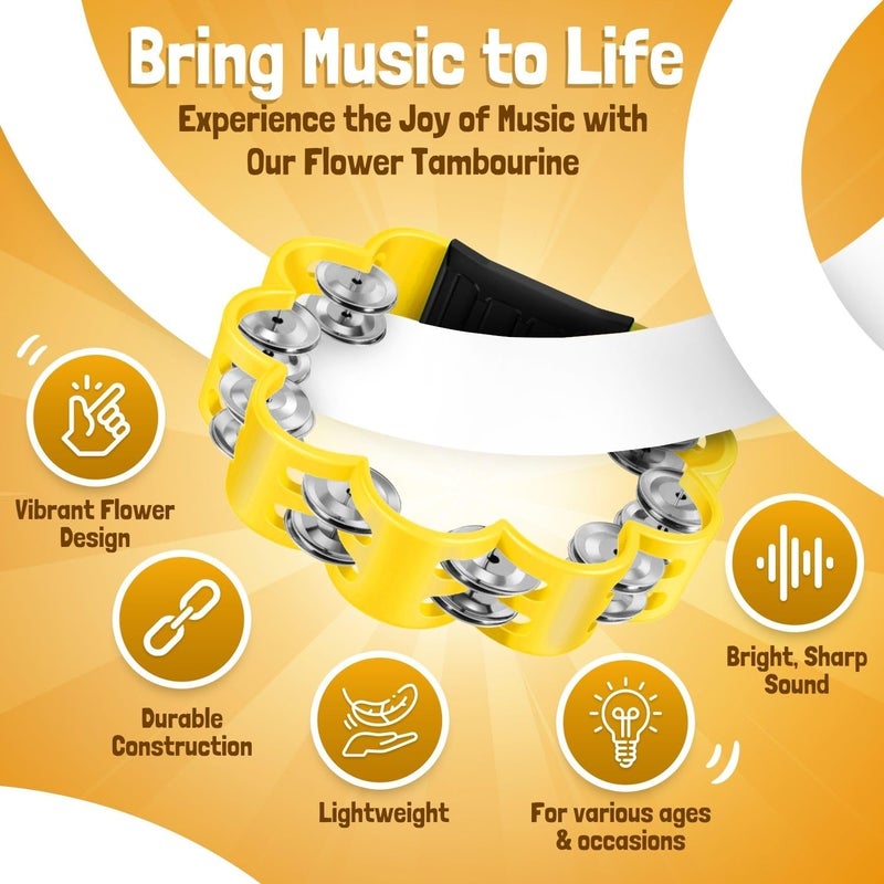 Flexzion Flower Tambourine – 8 Inch Handheld Percussion Instrument w/Metal Jingles & Ergonomic Grip – Compact Tambourine for Adults, Worship, Parties & Musical Performances (2 Pack - Yellow & White) - Image 5